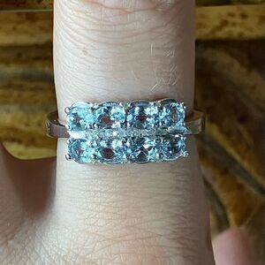 Natural Aquamarine White Diamond Sterling Silver Ring Size 8.75